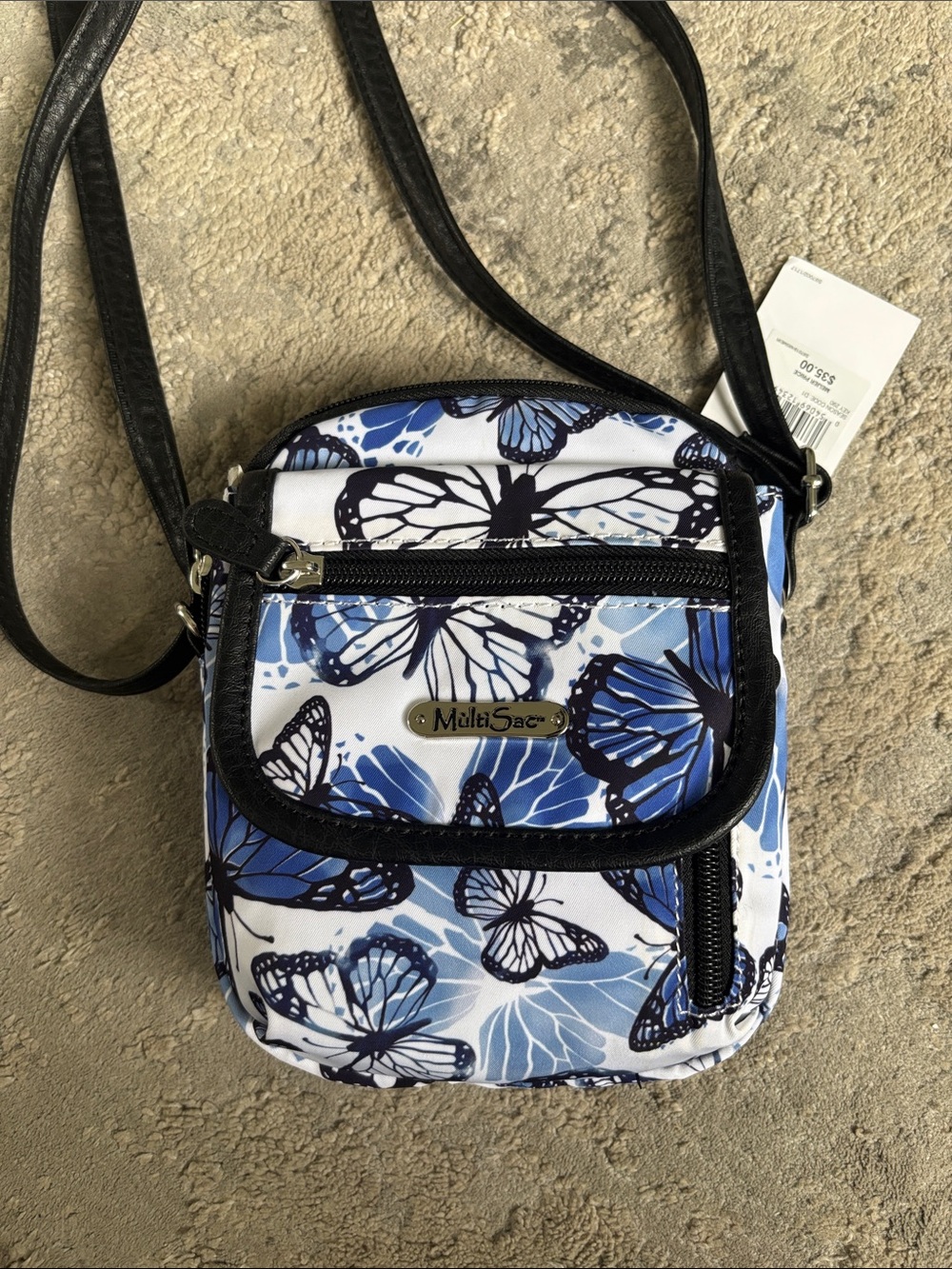 MiniSac Blue Butterfly Crossbody Bag with Black Trim